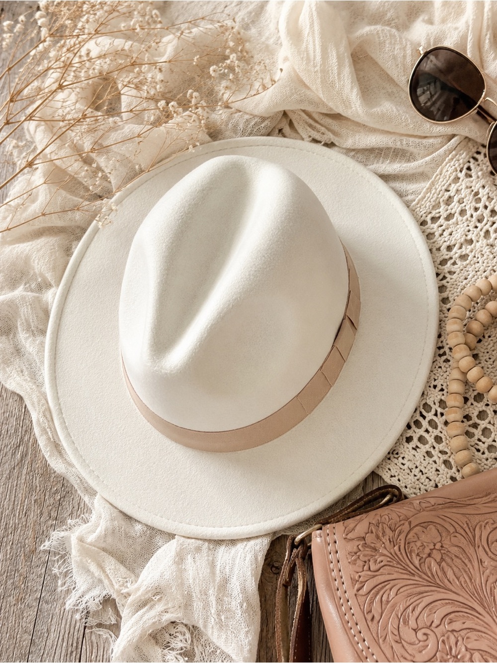 White Wide-Brim Fedora with Beige Band